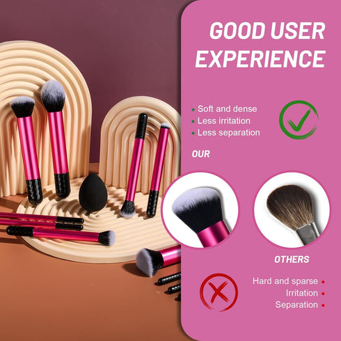 BS-MALL Makeup Brushes - 16 Pcs Purple Short Handle Travel Set with 1 Triangle Puff (HotPink)