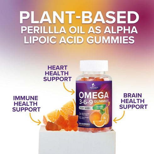 Omega 3 6 9 Vegan Gummies - Triple Strength Supplement for Heart and Brain Support, Non-GMO, Orange Flavor - 120 Gummies