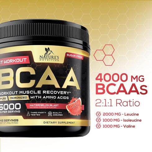 BCAA Powder - 4g BCAAs 2:1:1, 1g Glutamine, B6 - Pre Workout Drink for Energy Boost & Muscle Recovery, Watermelon