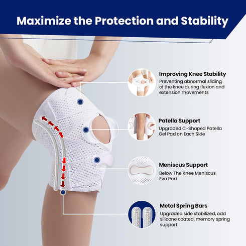 JOMVD Knee Brace for Meniscus Tear, Knee Pain, Adjustable Breathable Knee Support with Side Stabilizers for Knee Pain