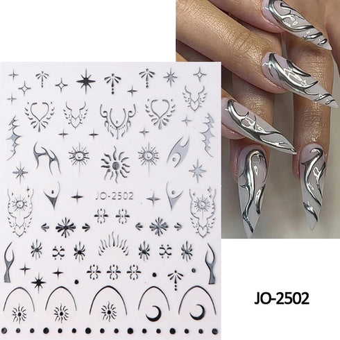 Laser Silver Nail Art Sticker Decal, Sun Moon Butterfly Design, 3D Self-Adhesive Nail Art Supplies, 6 Sheets