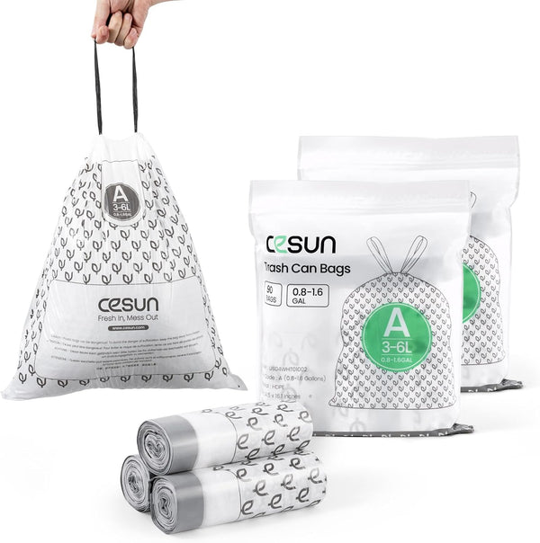 Cesun Code A Drawstring Trash Bags, 90 Count, Pre Cut 1.6 Gallon / 6 Liter Small Liners, White