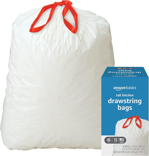 Amazon Basics Tall Kitchen Drawstring Trash Bags, 13 Gallon, 45 Count, Pack of 1