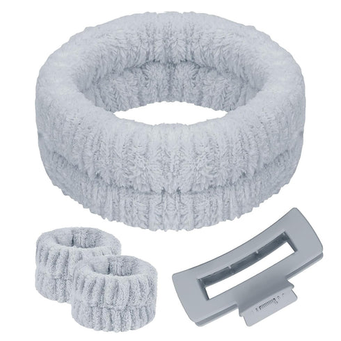 4Pcs Gray Spa Headband and Face Washing Wristbands Set, Makeup Headband, Hair Claw Clip for Washing Face