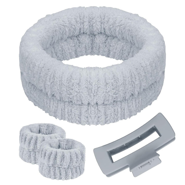 4Pcs Gray Spa Headband and Face Washing Wristbands Set, Makeup Headband, Hair Claw Clip for Washing Face