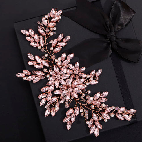 Pink Rhinestones Pearls Crystals Large Headband, Handmade Bridal Flower Hair Vine for Women, Rose Gold Hair Pieces