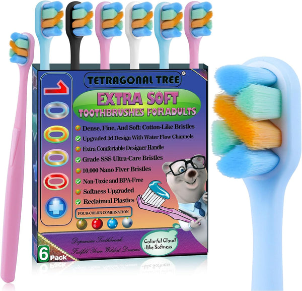 Tetragonal tree 6-Pack Extra Soft Toothbrushes for Sensitive Teeth & Receding Gums - Dentist-Designed