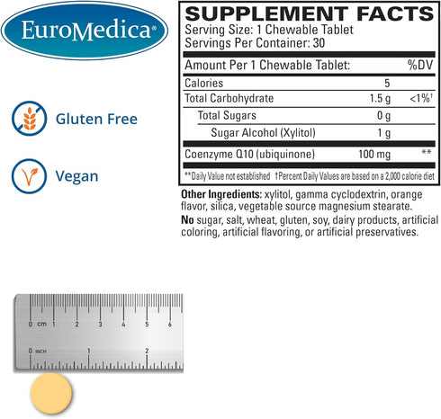 Euromedica CoQ10 Chewable, 100 mg for Energy, Antioxidant & Cognitive Health - 30 Tablets