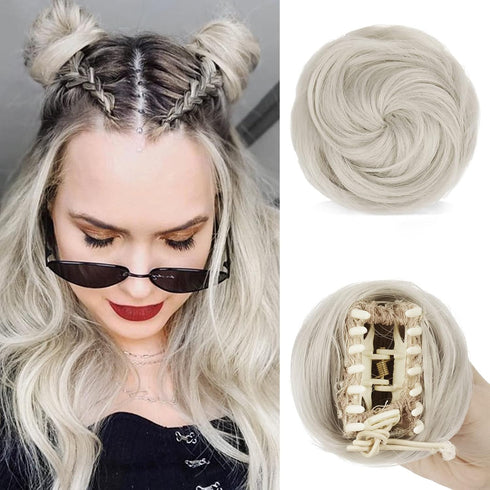 SOFEIYAN 2PCS Mini Claw Clip Hair Bun, Messy Cat Ears Extension for Women Girls, Grey