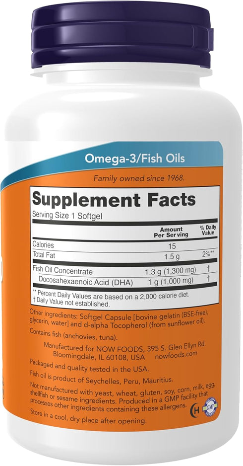 NOW Foods Supplements, DHA 1,000 Brain Support, Extra Strength 1,000 mg DHA, 90 Softgels
