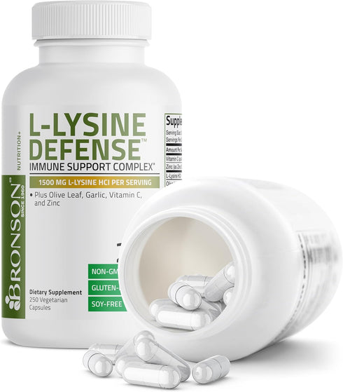 Bronson L-Lysine Defense Immune Support Complex 1500 MG - 250 Non-GMO Vegetarian Capsules with Olive Leaf, Garlic,