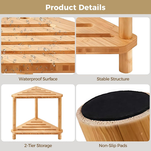 NIMBLOOM 2-Tier 14.57 9.25 12 90 Wood Corner Shower Stool with Storage Shelf, Wooden Bath Bench for Shaving Leg