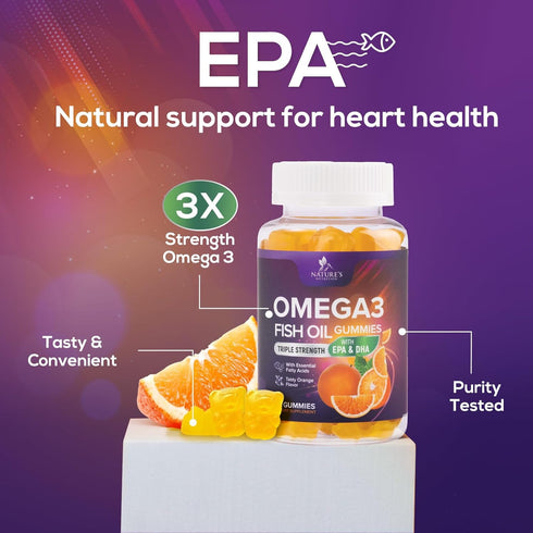 Omega 3 Gummies for Adults, Omega-3 Fish Oil for Heart Support, 60 Gummies