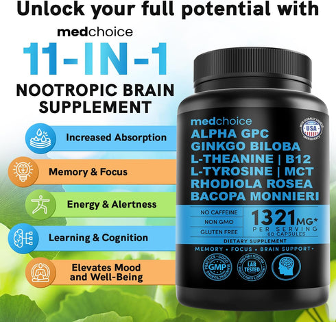 11-in-1 Nootropic Brain Supplements: Memory & Focus with Ginkgo Biloba, L Theanine, Bioperine, 60ct