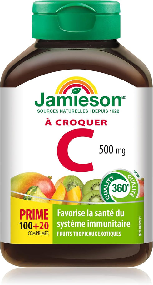 Jamieson Chewable Vitamin C 500 mg Exotic Tropical Fruit, 120ct, Imported from Canada)