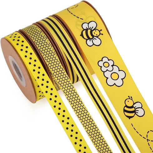 Bee & Flower Grosgrain Ribbon, Yellow Black White for Gift Wrapping, Party Decoration, Hair Bows, All Crafting (4 Rolls)