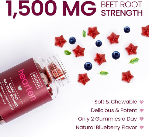WellPath Beet Root Gummies | 1500mg Sugar Free Blueberry Flavor for Blood Pressure Support, 60 Ct