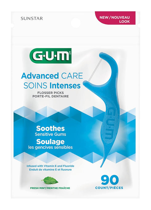 GUM Advanced Care Floss Picks - Dental Flossers for Adults with Vitamin E, Fluoride, Fresh Mint Flavor, 90 ct
