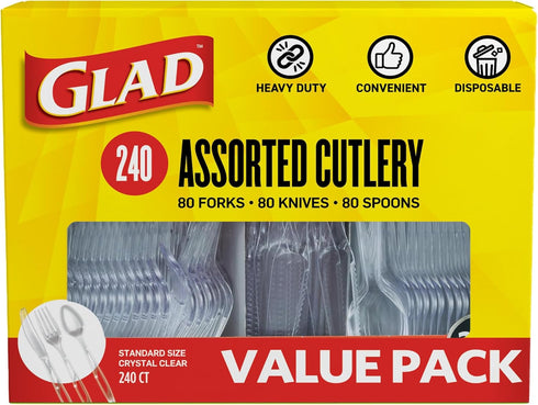 Glad Clear Disposable Cutlery Set with Heavy Duty Plastic Forks, Knives, and