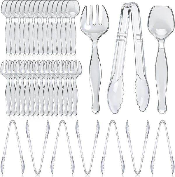 LSLYHTC Plastic Serving Utensils, Clear Serving Spoons Set Including 8 Disposable Plastic Tongs