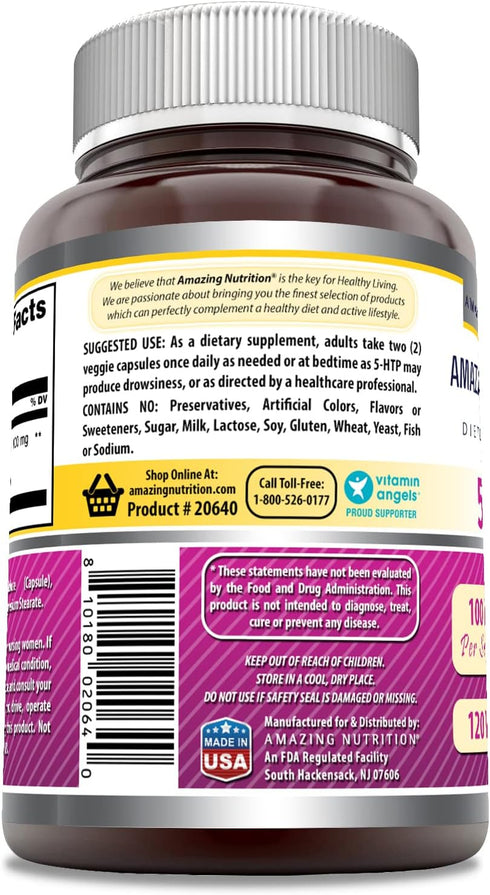 Amazing Formulas 5-HTP Supplement, 100 Mg Per Serving, Veggie Capsules, Non-GMO, Gluten Free, 120 Count