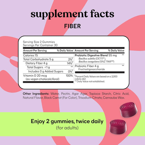 Lemme Gummies 4g (60 Count) Fiber & Probiotic for Adults, Promotes Regularity & Digestive Health, No Sugar Added