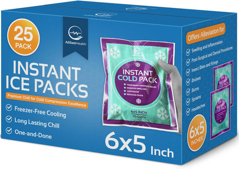 Instant Ice Cold Pack (6” x 5”) - 25 Disposable Instant Ice Packs for Injuries, Cold Compress for Pain Relief,