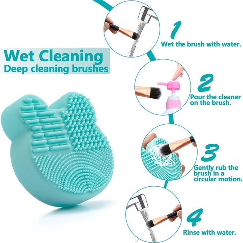 TailaiMei 2 Pack Makeup Brush Cleaning Mat with Color Removal Sponge, 2 in 1 Silicone Cleaner Pad, Blue & Green