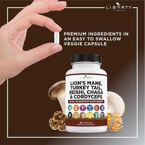 Lions Mane 3000mg 20in1 Mushroom Supplement - Turkey Tail 2000mg, Reishi 1000mg, Cordyceps, Chaga 1000mg - 3 Pack