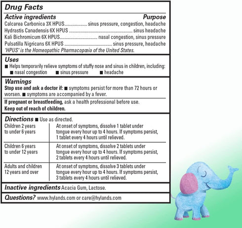 Hyland's Kids Stuffy Nose and Sinus Tablets, Cold Medicine for Children 2+, Quick Dissolving Tablets, 50 Count