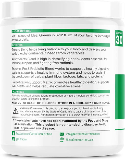 NutraOne Ideal Greens Antioxidant Superfood Greens Powder Supplement, Natural Berry Flavor, 30 Servings