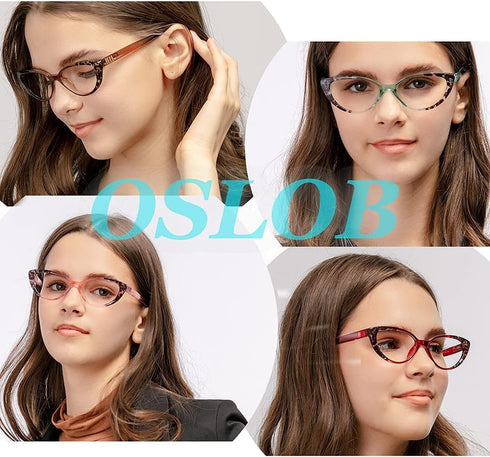 4 PACK Cat Eye Reading Glasses for Women, Blue Light Blocking Readers with Spring Hinge, Mix, 1.5