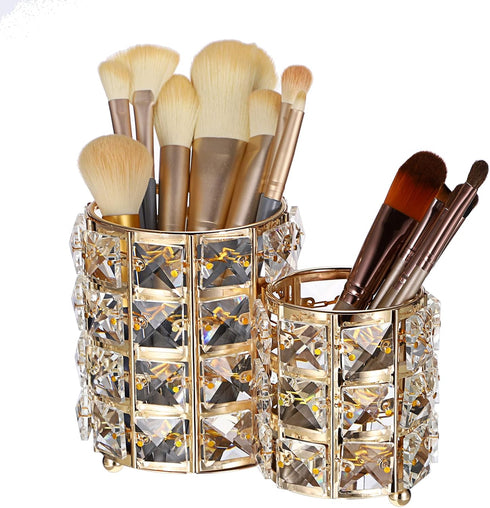 Hipiwe Makeup Brush Holder, Gold Bling Crystal Organizer for Brushes, Remote Control, and Cosmetic Tools, 2-Slot