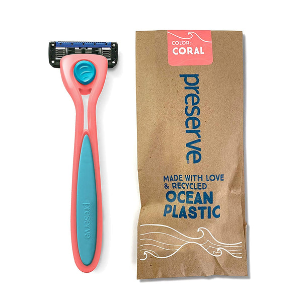 Preserve POPi Shave 5 Razor System, Made with Recycled Ocean Plastic, 5-Blade Cartridge, Coral Pink