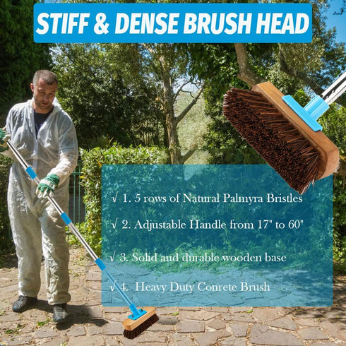 Heavy Duty Deck Brush with Long Handle, 60" Floor Scrub Brush with Stiff Natural Bristles for Outdoor Cleaning