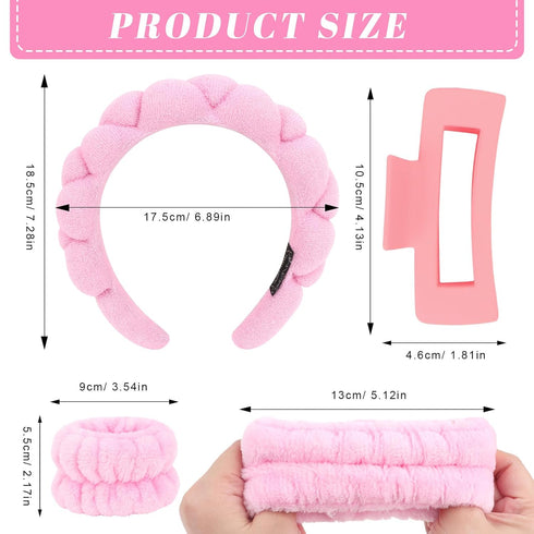 Wecoe Spa Headband and Wristband Set, Makeup Headband for Washing Face, Cute Pink Puffy Sponge Bubble Headband