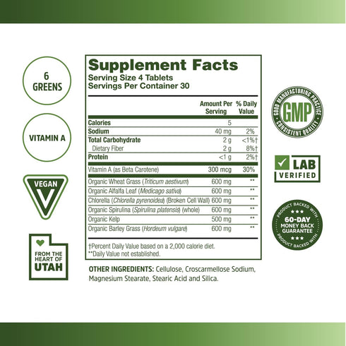 Zhou Nutrition Total Greens, Mega Superfood Tablets, Blend of Greens Supplement, Fiber and Antioxidants, Vitamin A, Spirulina, Chlorella, Alfalfa, 120 Tablets