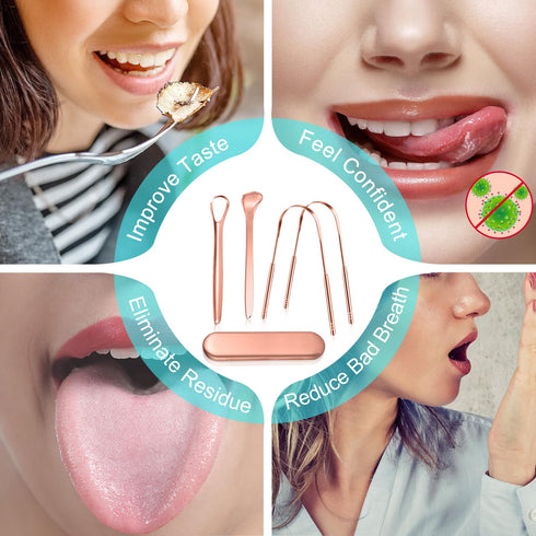 MORGLES Copper Tongue Scraper, 4Pcs Medical Grade Tongue Scrapers with Case for Adults & Kids, Gold