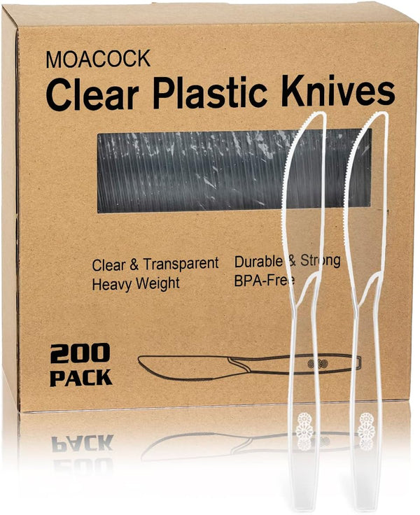 200 Count Clear Plastic Knives, Heavy Weight Disposable Cutlery, Clear Plastic Silverware Bulk