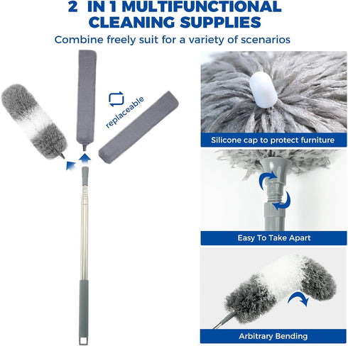 4 Pcs Dusters for Cleaning, 2 in 1 Microfiber Dusters with 30-100 Inches Long Handle for Ceiling Fan Cleaning