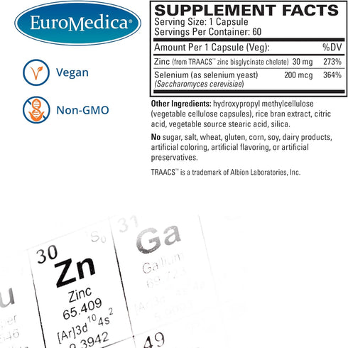 EuroMedica Zinc Plus Selenium, 60 Capsules for Immune & Respiratory Support, Non-GMO, Vegan