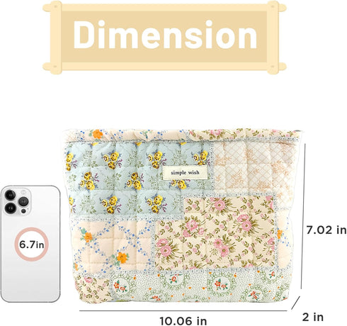 Floral Makeup Bag, Large Cotton Quilted Cosmetic Organizer, Aesthetic Portable Pouch for Women Girls Travel Accessories