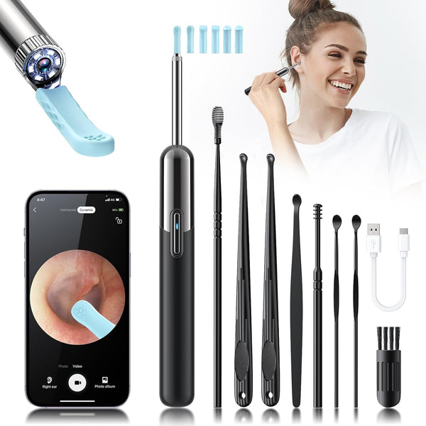 Wireless WiFi Ear Wax Removal Cleaner, 1080P HD Camera Lens, 8 Pcs Ear Set - Hassle-Free Ear Cleaning Kit (Black)