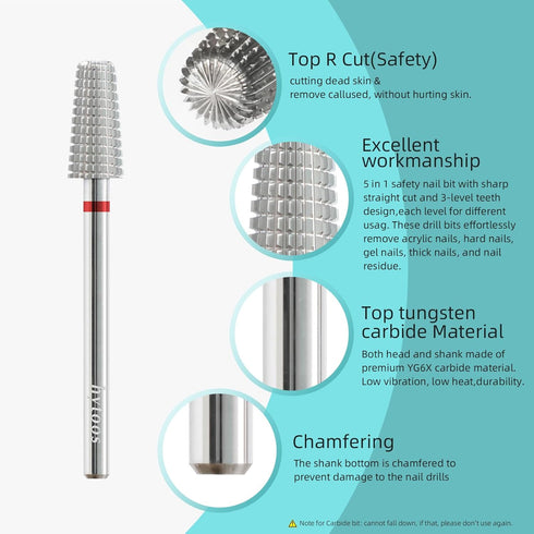 Mini 5 in 1 Nail Drill Bit, 10mm Tapered Drill Bits for Nails, Professional Safety Carbide Nail Bits