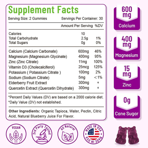 High Absorption Calcium Magnesium Zinc Gummies, Sugar Free Calcium Magnesium Supplement with Potassium Vitamin D3 for Bone & Teeth Strength, Muscle Function - Vegan, Blueberry Flavor 120 Cts