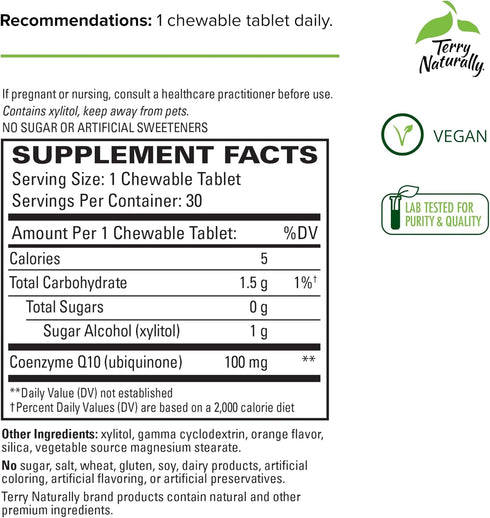 Terry Naturally CoQ10 Chewables | 100 mg, 30 Easy Chew Tablets | 8X Higher Absorbing CoQ10 for Energy & Health