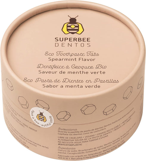 SuperBee Dentos Toothpaste Tablets - 150 Fluoride Free & Eco Friendly Chewable Toothpaste Tabs, Spearmint