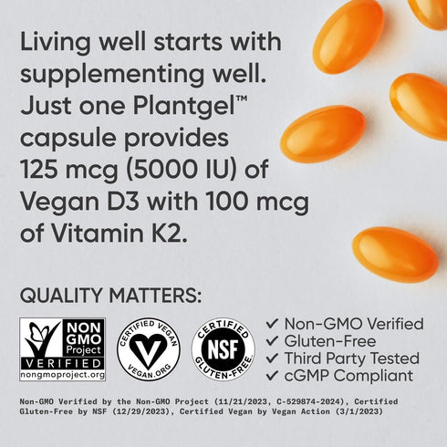 Sports Research Vitamin D3 K2 with Coconut Oil - Vegan D3 5000iu & K2 MK7 for Bone & Immune Health - 30 Softgels