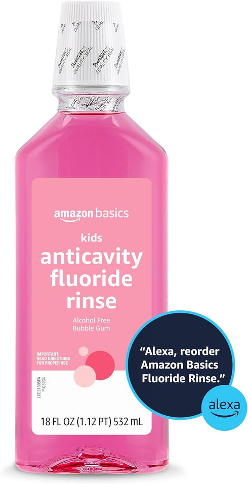 Amazon Basics Kids Anticavity Fluoride Rinse, Alcohol Free, Bubble Gum, 18 Fl Oz, Pack of 4