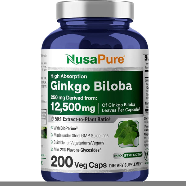 NusaPure Ginkgo Biloba 50:1 Extract - 250 mg Equivalent to 12,500 mg per Veggie Caps, 200 Capsules (Vegetarian,